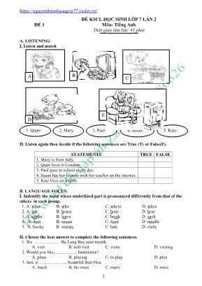 15 Đề khảo sát chất lượng môn Tiếng Anh Lớp 7 lần 2 - Nguyễn Thiên Hương
